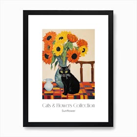 Cats & Flowers Collection Sunflower Flower Vase And A Cat, A Painting In The Style Of Matisse 0 Art Print