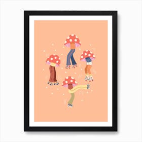 Mushroom Fun Guys On Roller Skates in Peach Fuzz Art Print