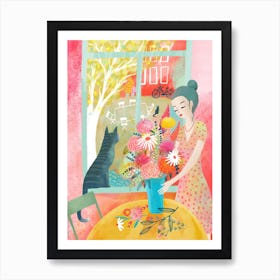 Arrangeing Flowers With Two Cats Art Print