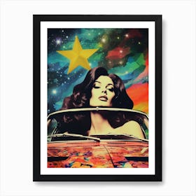 Retro Pin Up Woman In Classic Car Space Collage Art Print