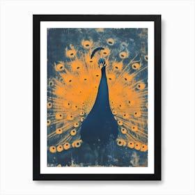 Blue & Orange Peacock Vintage Portrait Art Print