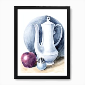 watercolor painting still life kitchen art vertical light grey gray purple white vase jar carafe apple Art Print