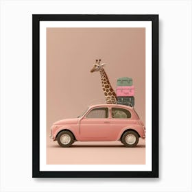 Giraffe On A Pink Car Art Print