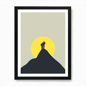 Silhouette Of Two People On A Mountain black and yellow Art Print