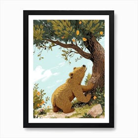 Brown Bear Scratching Its Back Against A Tree Storybook Illustration 3 Art Print