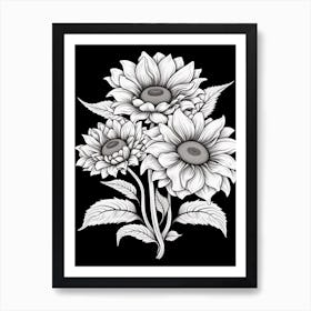 Sunflowers In Black And White Line Art 3 Art Print