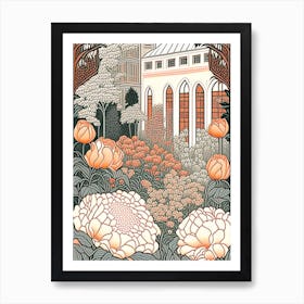 Courtyard With Peonies Orange And Pink 3 Drawing Art Print