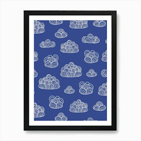 Fluffy Abstract Doodle Line Art Clouds White on Navy Blue Art Print