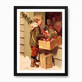 Vintage Christmas Boy with Packages Art Print