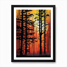 Sunset In The Forest 11,   Forest bathed in the warm glow of the setting sun, forest sunset illustration, forest at sunset, sunset forest vector art, sunset, forest painting,dark forest, landscape painting, nature vector art, Forest Sunset art, trees, pines, spruces, and firs, orange and black.  Art Print