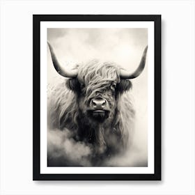 Black & White Illustration Of Highland Cow In The Clouds Art Print