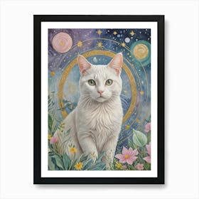 White Cat In The Cosmic Garden Art Print