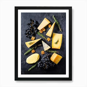 Cheese, walnuts and grapes — Food kitchen poster/blackboard, photo art Art Print