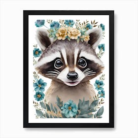 Floral Cute Raccoon Watercolor (4) Art Print