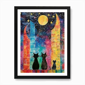 Three Black Cats Watching Over A Starry Night Art Print