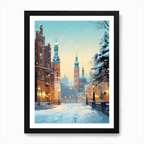 Winter Travel Night Illustration Krakow Poland 3 Art Print