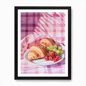 Pink Breakfast Food Bread, Croissants And Fruits 2 Art Print
