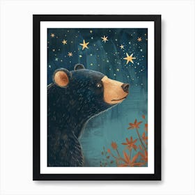 American Black Bear Looking At A Starry Sky Storybook Illustration 3 Art Print