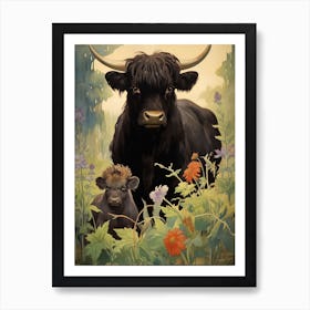 Animated Black Pull & Baby Calf In The Meadow Art Print