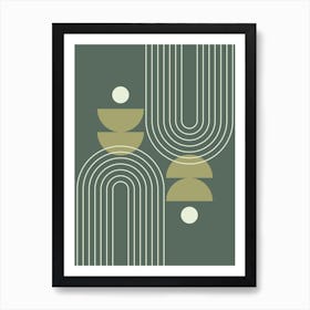 Mid Century Modern Geometric Abstract Rainbow, Sun and Moon Phases in Greenery Sage Green 1 Art Print