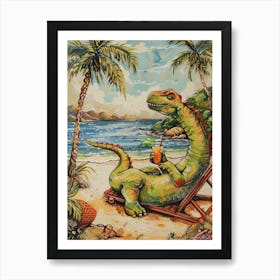 Dinosaur On A Sun Lounger With A Cocktail Painting 2 Art Print