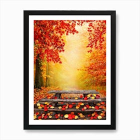 Autumnal Tableau In Vibrant Watercolor Leaves In Shades Of Crimson Orange And Gold Aflutter Amids (2) Art Print