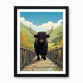 Animated Black Bull Crossing A Wooden Bridge 1 Art Print