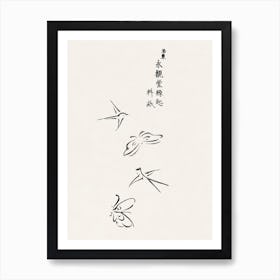 Japanese Vintage Original Woodblock Print Of Butterflies And Birds From Yatsuo No Tsubaki, Taguchi Tomoki Art Print