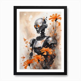 Robot Abstract Orange Flowers Painting (11) Art Print