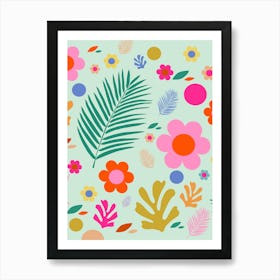 Flowers And Leaves | 01 – Mint Green Floral Art Print