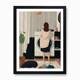 Girl Standing In Front Of Washing Machine Art Print