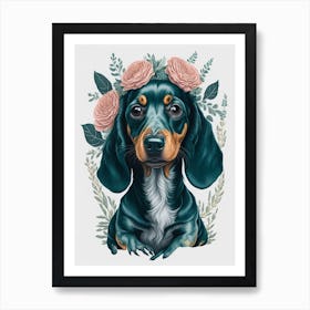 Cute Floral Dachshund Dog Painting (2) Art Print