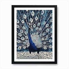 Navy Blue Peacock Linocut Inspired Peacock On A Path 1 Art Print