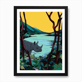 Geometric Rhino Line Illustration By The River 4 Art Print