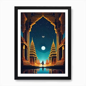 Buddhist Temple - Trippy Abstract Cityscape Iconic Wall Decor Visionary Psychedelic Fractals Fantasy Art Cool Full Moon Third Eye Space Sci-fi Awesome Futuristic Ancient Paintings For Your Home Buddhism Gift For Him Art Print