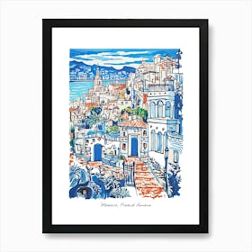 Monaco French Riviera Illustration Line Art Travel Blue Art Print