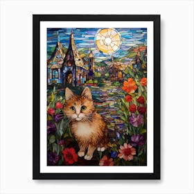 Mosaic Of A Cat In Front Of A Medieval Village Art Print