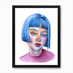 Watercolor portrait of a blue haired girl Art Print