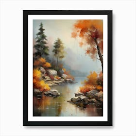 Autumn Lake,Forest Lake, Vintage Oil Painting, Farmhouse Wall Decorations, Antique Landscape, Vintage Landscape Oil Painting.16 Art Print