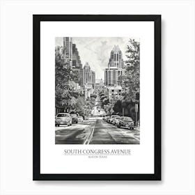 South Congress Avenue Austin Texas Black And White Drawing 1 Poster Art Print