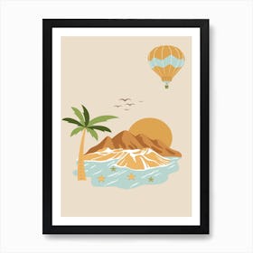 Island Hot Air Ballon Birds Sunset Art Print