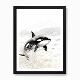 Minimalist Black Line Drawing Of Orca Whale Plants & Mountains Art Print