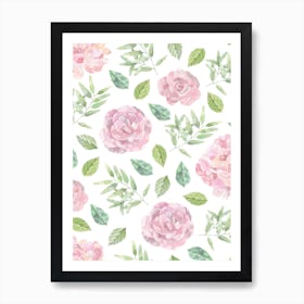 Pink Rose & Green Leafs Floral Patterm Art Print