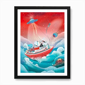 Hand Drawn Illustration Digital Hybrid Boat Navigating Whimsical Waves That Simulate A Cosmic Dance Art Print