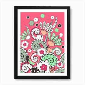 Doodles, Spring Garden, Light emerald and pink version Art Print