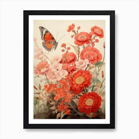 Japanese Style Painting Of A Butterfly With Flowers 3 Art Print