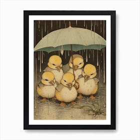 Ducklings In The Rain Japanese Woodblock Style 4 Art Print