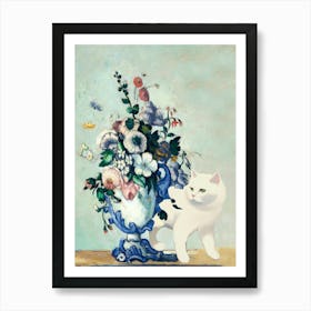 Rococo Vase, Paul Cezanne  Inspired With White Cat Art Print