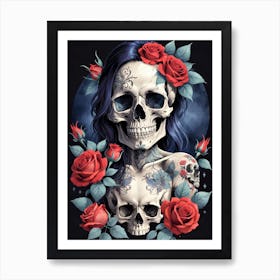 Sugar Skull Girl With Roses Painting (22) Art Print