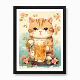 Kawaii Cat Drawings Drinking Tea 1 Art Print